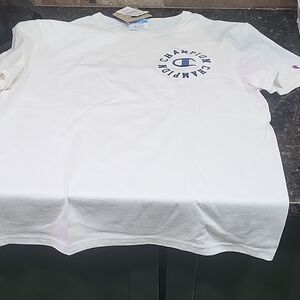 Champion White Tee with Navy Logo Embroidered On Back